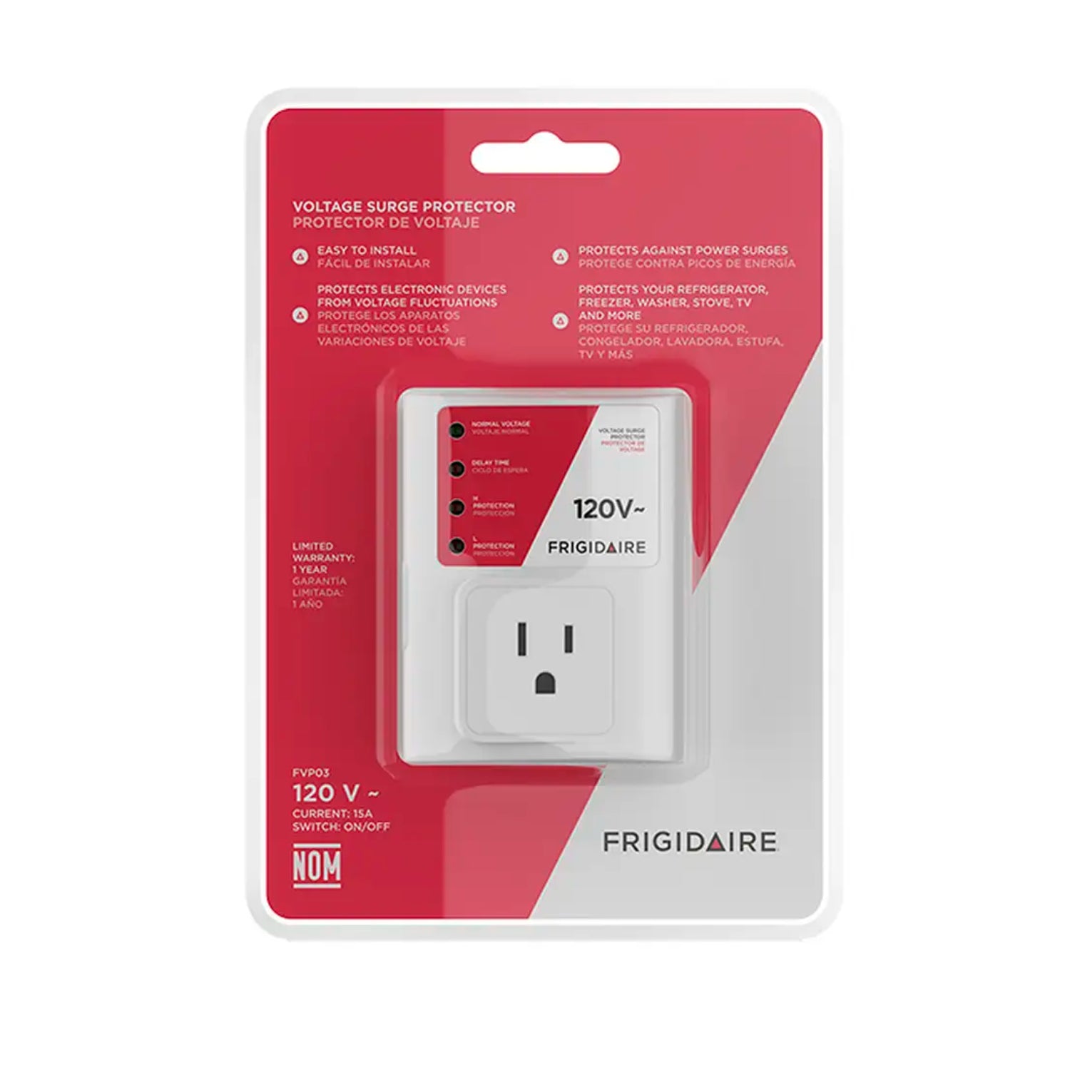 Regulador Frigidaire protector de voltaje en paquete, vista frontal y etiqueta informativa